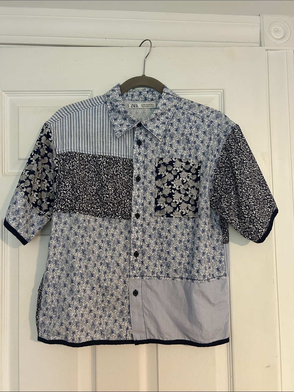 Zara Men’s Mixed Blue Patchwork Short-Sleeve Button-Down Shirt